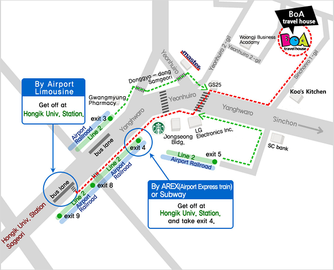 공항에서 보아게스트하우스로 오는 교통지도